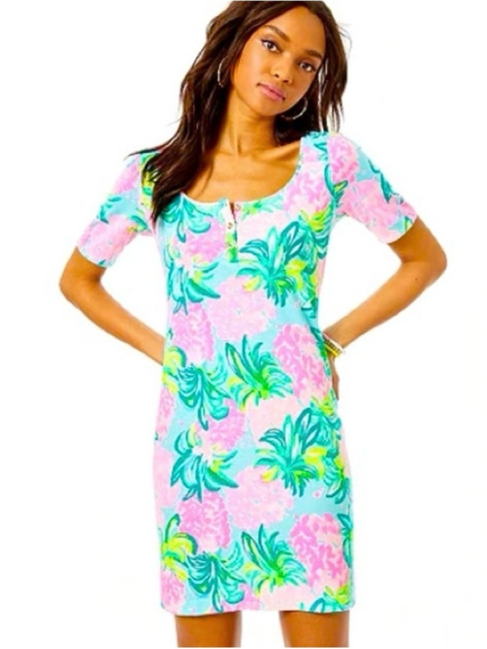 Lilly Pulitzer Gavyn Shift Dress Blue Ibiza Pineapple Shake Sz XL EUC cruise